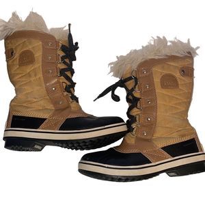 Sorel Girls Tofino II NY2419-373 Size 2 Faux Fur Tan Black Mid Calf Winter Boots